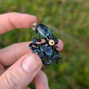 Green And Black Miniature Glass Octopus Pendant Ornament Hand Blown